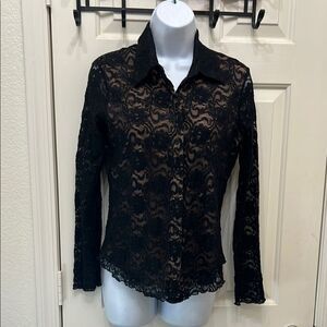 Harlow Black Fitted Embellished Button Down Blouse Silky Floral Lace Long Sleeve